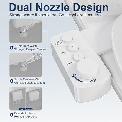 Fresh Water Bidet with Self-cleaning Dual Nozzles for Rear And Feminine Washing, Non-Electric Bidet Toilet Attachment, with Waterproof Cover to Prevent Leaking, Adjustable Water Pressure