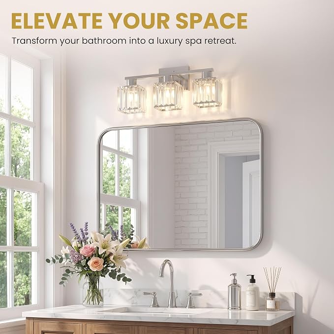 Crystal Bathroom Light Fixtures, 3-Light Brushed Nickel, Vanity Lights for Bathroom Over Mirror, Modern Bath Wall Sconce for Mirror Bedroom Living Room