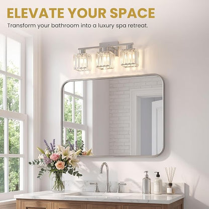 Crystal Bathroom Light Fixtures, 3-Light Brushed Nickel, Vanity Lights for Bathroom Over Mirror, Modern Bath Wall Sconce for Mirror Bedroom Living Room