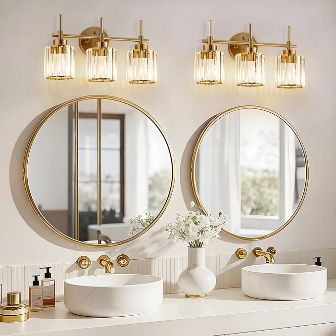 Bathroom Lighting Fixtures, 3 Light Gold Bathroom Light Fixtures with Clear Shades Modern Crystal Vanity Light Bath Room Vanity Lighting Over Mirror Wall Light