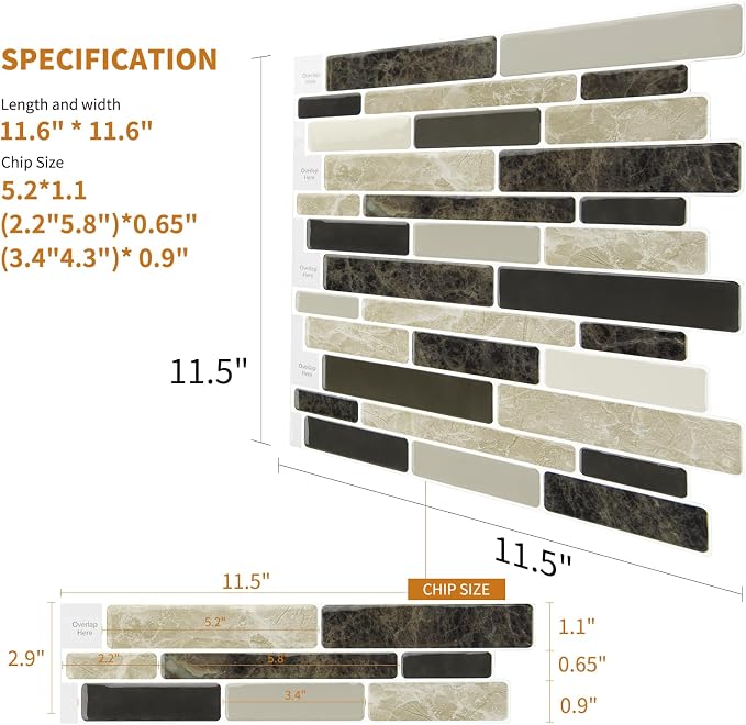 WOWSTAR 10-Sheet Peel and Stick Backsplash Tile for Kitchen Wall, Back Splash Stick On Tiles for Kitchen (12"x12", Tan) | Peel and stick backsplash, self-adhesive wall tile, Tan, waterproof, kitchen bathroom wall, 10-sheet