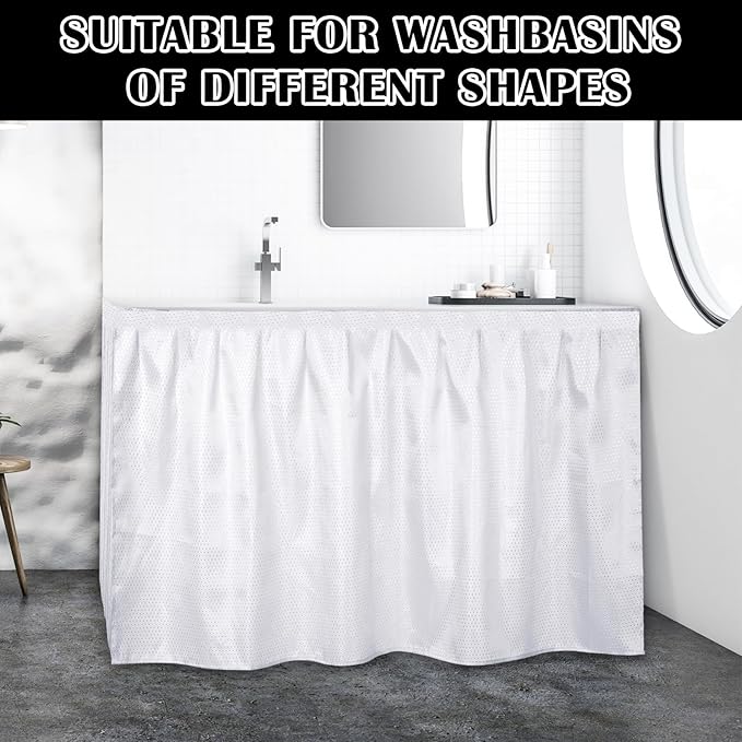 Fabric Sink Skirt Diamond Bathroom Stitch Self Stick Adhesive Waterproof Fabric Under Sink Curtain Skirt 55 x 32 Inch Adds Bathroom Storage(White,Fashion Style)