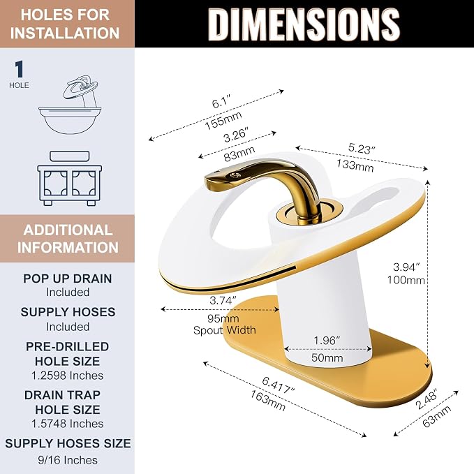 White Gold Waterfall Single Hole Vanity Sink 2 Tone Brass Unique Modern Bathroom Faucets, Luxury Elegant Hollow 1 Handle Faucet, Basin Tap for RV Bar Laundry with Pop up Drain, Sink Romodel