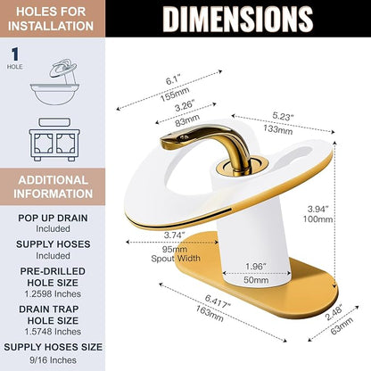 White Gold Waterfall Single Hole Vanity Sink 2 Tone Brass Unique Modern Bathroom Faucets, Luxury Elegant Hollow 1 Handle Faucet, Basin Tap for RV Bar Laundry with Pop up Drain, Sink Romodel
