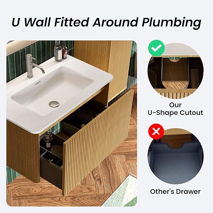 30 Inch Bathroom Vanity with Sink, Modern Floating Vanity with Push Open Drawer, Large Storage for Small Space, Apartment, Hotel, Natural Oak, Fully Assembled - Camellia Collection