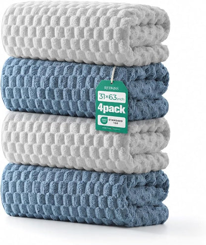 REDKISS Blue Gray Microfiber Bath Towel Large, 31”x 61” 4 Pack | Super Absorbent, Quick Dry, Super Soft, Lint Free, Fluffy Towel for Bathroom, Spa, Gym, Travel, Dorm, Ideal Everyday Use
