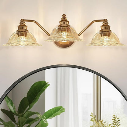 Redluck Vintage Bathroom Vanity Light Fixture, 3-Light Bathroom Lighting Fixtures Over Mirror, Antique Brass Finish with Amber Crystal Glass Shade, Wall Sconces Lighting for Bedroom, Living Room