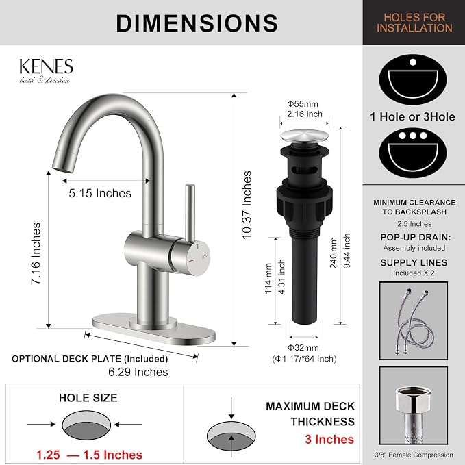Brushed Nickel Bathroom Faucet Single Handle, 1 Hole Vanity Faucet | Bathroom Sink Faucet with Pop Up Drain & 6 Inch Deck Plate, Lead-Free cUPC & NSF Certified, 1 Handle Faucet for Vanity RV Bar
