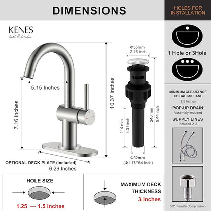 Brushed Nickel Bathroom Faucet Single Handle, 1 Hole Vanity Faucet | Bathroom Sink Faucet with Pop Up Drain & 6 Inch Deck Plate, Lead-Free cUPC & NSF Certified, 1 Handle Faucet for Vanity RV Bar