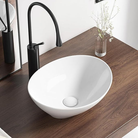 Oval Bathroom Vessel Sink Above Counter, QISHKA 16" x 13" Countertop Vanity Sink Modern Art Basin Lavatory White Ceramic White Bowl Sink