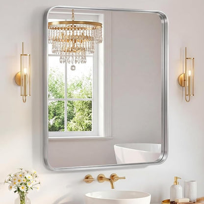 Sweetcrispy Bathroom Mirror 48x36 Inch, Vanity Mirror for Wall | Metal Framed Rounded Rectangle, Over Sink, Farmhouse Restroom, Anti-Rust, Horizontal or Vertical Hanging, Silver