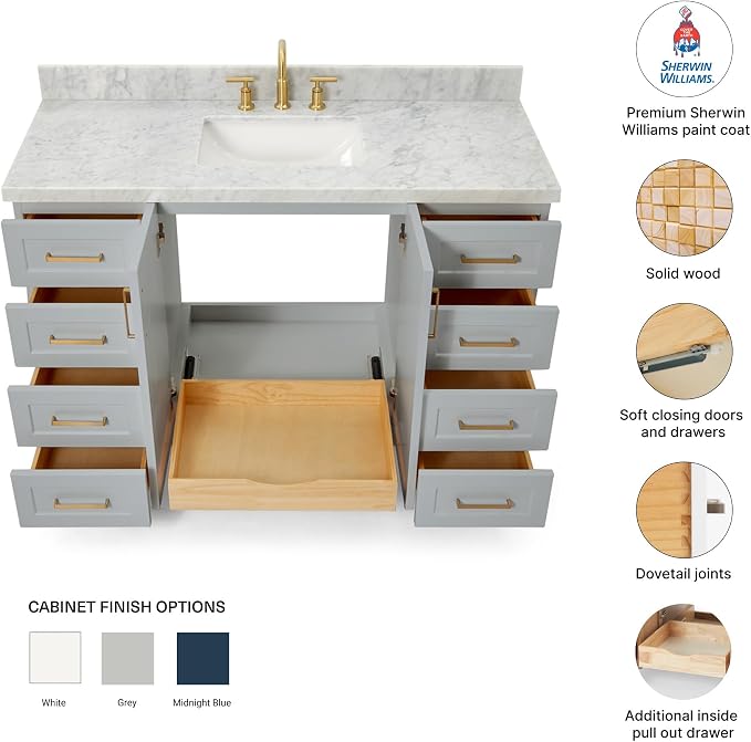 DKB Emilia 54" Grey Bathroom Vanity with Sink, 1.5" Edge Italian Carrara Marble Countertop, Rectangular Undermount Sink, 2 Soft-Closing Doors, 9 Dovetail Drawers, Brushed Nickel