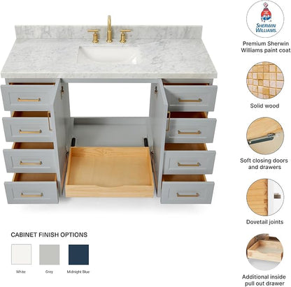 DKB Emilia 54" Grey Bathroom Vanity with Sink, 1.5" Edge Italian Carrara Marble Countertop, Rectangular Undermount Sink, 2 Soft-Closing Doors, 9 Dovetail Drawers, Brushed Nickel