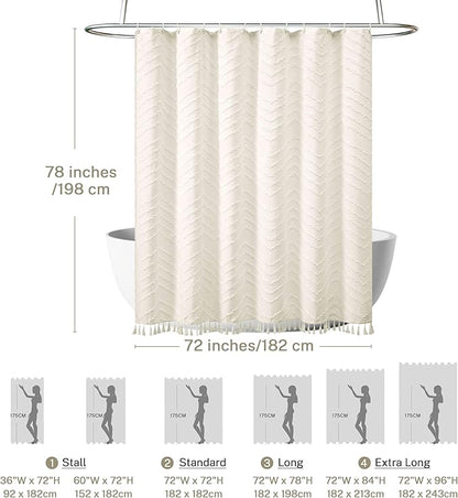 Farmhouse Boho Shower Curtain, Woven Fabric Cream Long, 72 x 78, Tufted Chevron Striped Modern Chic Textured Minimalist Bathroom Curtain
