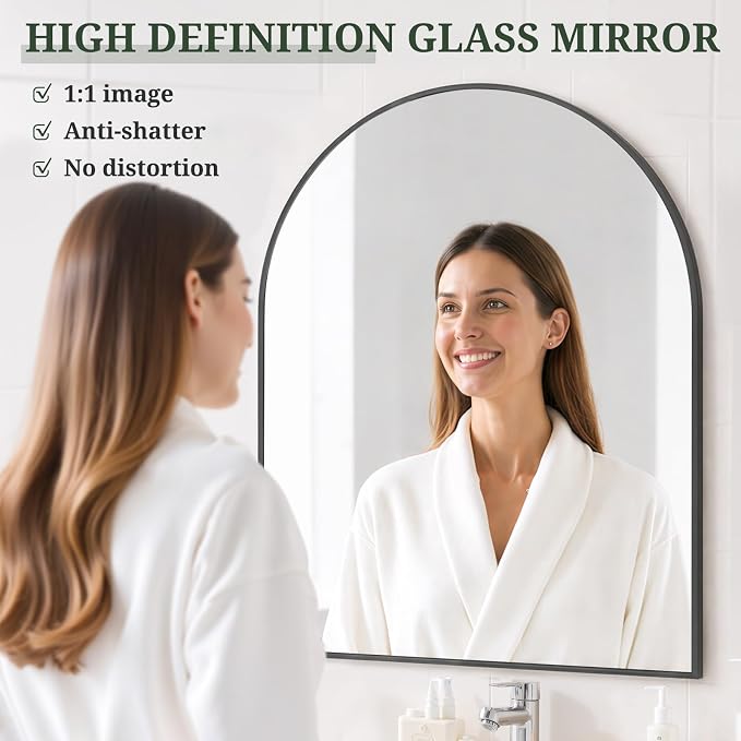 Arched Wall Mirror 38x30 Inch Black Bathroom Vanity Mirror with Metal Frame | Modern Arch Mirror for Bedroom, Living Room, Entryway, Wall Mounted Decorative Mirror