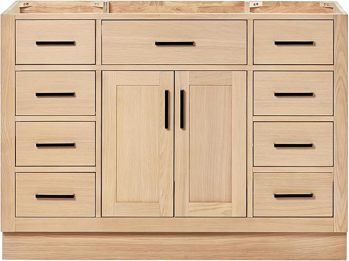 ARIEL Hepburn 48-inch Bathroom Vanity Base Cabinet,Solid Wood, 2 Soft Closing Doors, 9 Dovetail Drawers, White Oak