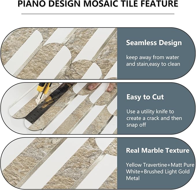 Vamos Tile Peel and Stick Backsplash Seamless Tile,PVC+Light Gold,10 Sheets | Stick on Backsplash for Kitchen & Bathroom,Honey Travertine+White+Light Gold Self Adhesive Backsplash Tile 11.9''x10.8''