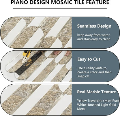 Vamos Tile Peel and Stick Backsplash Seamless Tile,PVC+Light Gold,10 Sheets | Stick on Backsplash for Kitchen & Bathroom,Honey Travertine+White+Light Gold Self Adhesive Backsplash Tile 11.9''x10.8''