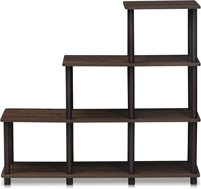 Furinno Turn-N-Tube Storage Shelves, 4-Tier Ladder Book Shelf, 6 Cube Open frame Corner Shelf, Toolless Assembly, Open Shelves, for Organization and Storage, Living Room, Garage, Home Office, Walnut