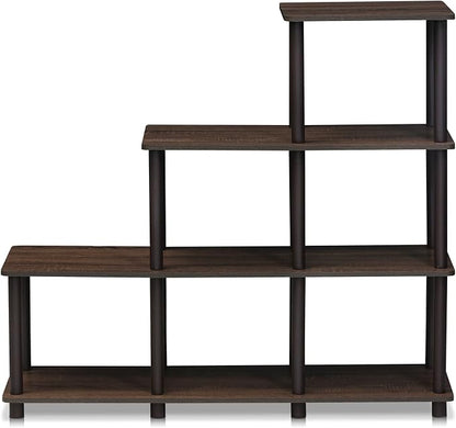Furinno Turn-N-Tube Storage Shelves, 4-Tier Ladder Book Shelf, 6 Cube Open frame Corner Shelf, Toolless Assembly, Open Shelves, for Organization and Storage, Living Room, Garage, Home Office, Walnut