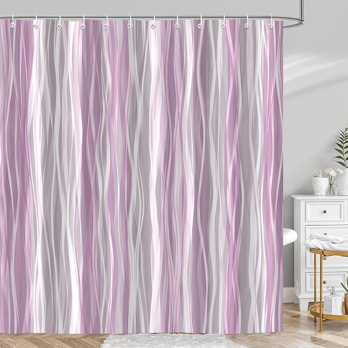 Moonslim Pink Grey Ombre Shower Curtain, Modern Wavy Abstract Striped Line Bathroom Curtain, Waterproof Fabric Bath Decor, 72 x 72 Inch