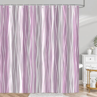 Moonslim Pink Grey Ombre Shower Curtain, Modern Wavy Abstract Striped Line Bathroom Curtain, Waterproof Fabric Bath Decor, 72 x 72 Inch