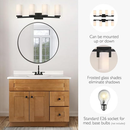 Design House Desta Vanity Light, 4-Light, Curved Bar Design, Frosted Glass Glow, Dimmable, Up/Down Mountable, E26 Socket, Black, 30.0 in L x 6.6 in W x 9.5 in H, 589168-BLK
