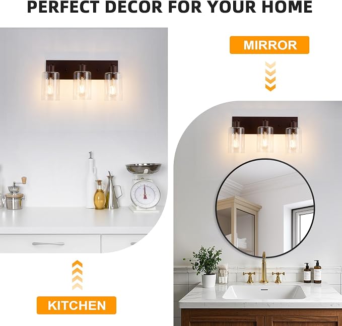 3 Lights Bathroom Light Fixtures Oil Rubbed Bronze Vanity Light with Clear Glass Shade 18in Modern Bathroom Lighting Fixtures Over Mirror for Bedroom/Living Room
