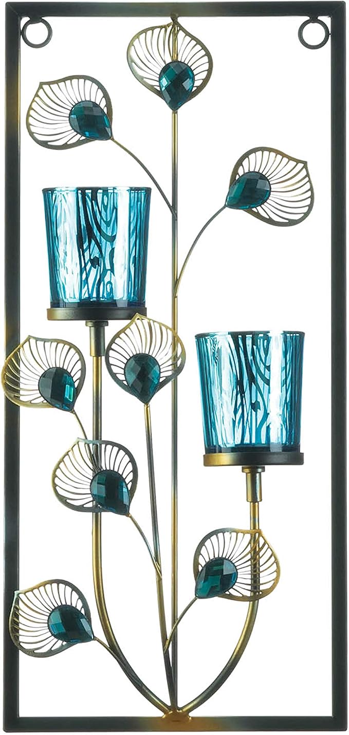 Accent Plus Candle Holder Christmas Decorations Indoor Home Decor Peacock Plume Wall Sconce Candle Holders Christmas Candle Holder Tealight Candle Holder, 7 X 2.5 X 14.75 Inches