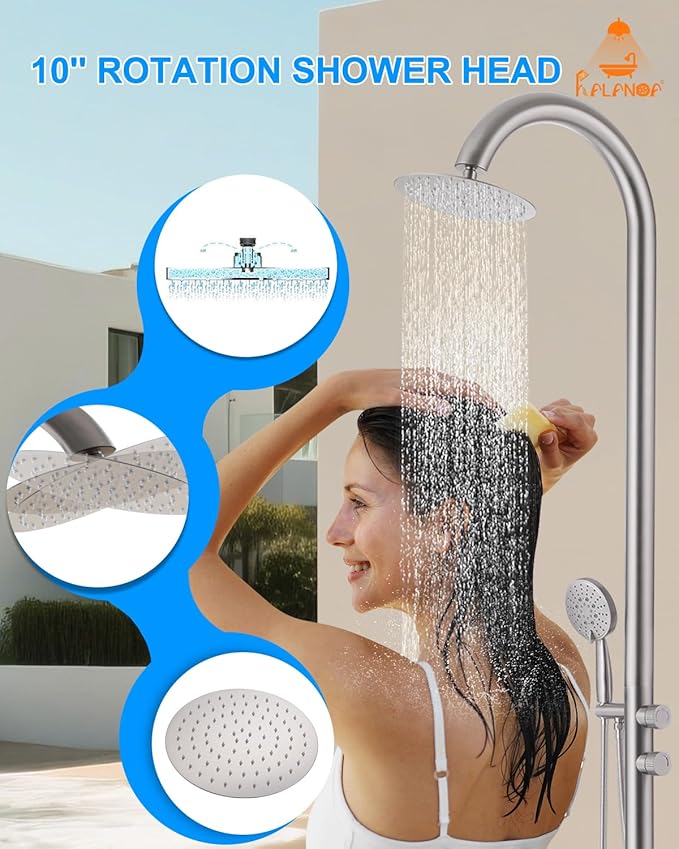 Free Standing Outdoor Shower, 5-Function Shower Kit Nickel with 10''Rain Shower Head, Stainless Steel Outdoor Shower Fixture for Backyard Beach Poolside,Floor Mounted