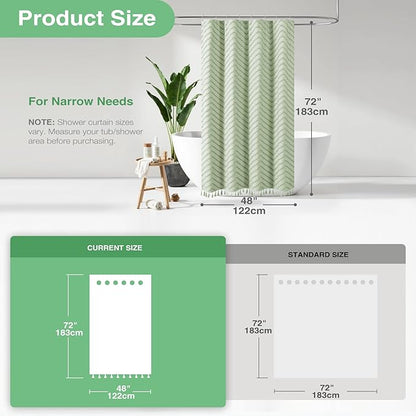 Dynamene Stall Fabric Shower Curtain, 48 Inch Wide Boho Farmhouse Tufted Chevron Striped Tassel Shower Curtain, Minimalist Ruffled Textured Cloth Shower Curtain Set, 8 Hook, 48x72, Sage Green