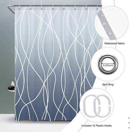 Striped Shower Curtain for Bathroom, Ombre Blue, 60" W x 72" L | with Hooks, Modern Hotel Style, Water Repellent, Washable, Weighted Hem