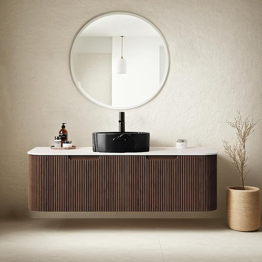 48" Floating Bathroom Vanity with Sink, Wall-Mount Storage Cabinet 2 Large Storage Drawer, Black Stone Pattern Ceramic Basins with Marble Top, Soft-Close Design, Dark Walnut