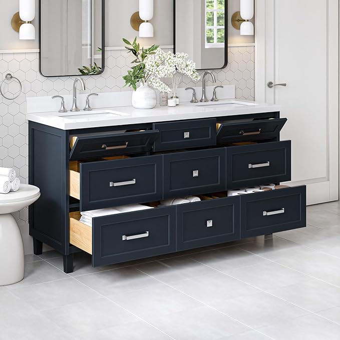 ARIEL Monroe 66-inch Bathroom Vanity with Sink,Solid Wood, 1.5-inch Pure White Quartz Countertop & Backsplash, Double Oval Porcelain Sink, 9 Dovetail Drawers, Brushed Nickel, Midnight Blue