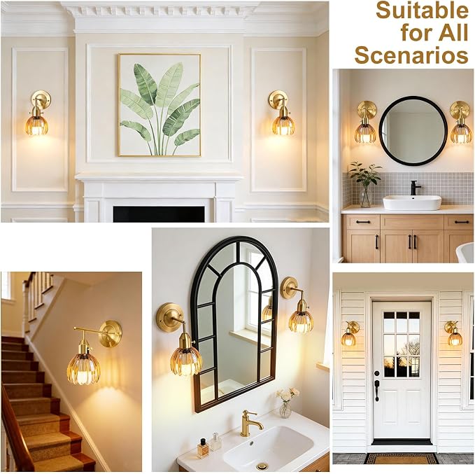 Vintage Wall Sconces with Cute Amber Tulip Glass Lampshade, Brass Sconces Hradwired Modern Wall Mounted Light Fixtures with Switch for Bedside Bedroom Living Room Wall Decor