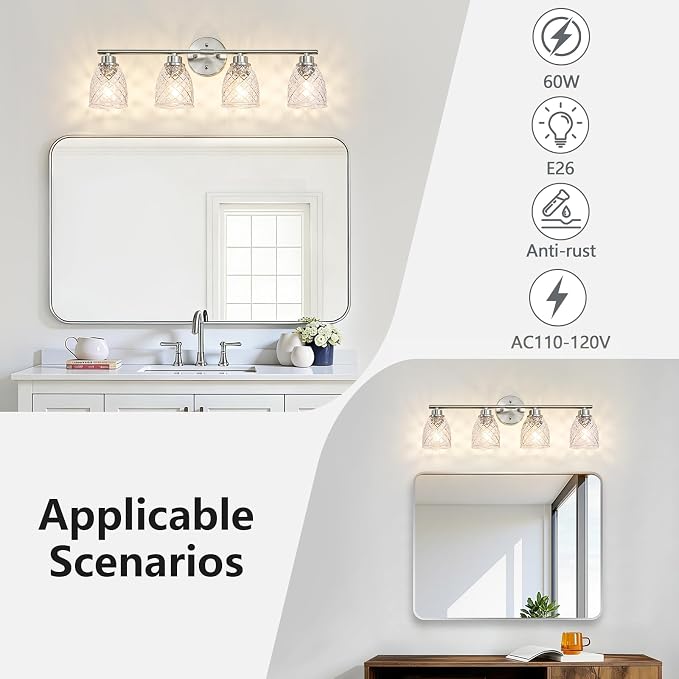 4-Light Vanity Light Over Mirror, Brushed Nickel Bathroom Light Fixtures | Modern Farmhouse Wall Sconces with Hammered Glass Lampshade for Kitchen Hallway Bedroom Living Room Cabinet Porch-27.5IN