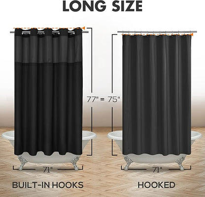 River Dream Long No Hook Slub Textured Shower Curtain with Snap-in PEVA Liner Set - 71" x 77"(75"), Hotel Style with See Through Top Window, Black Fabric Curtain & Waterproof Liner, Black, 71x77