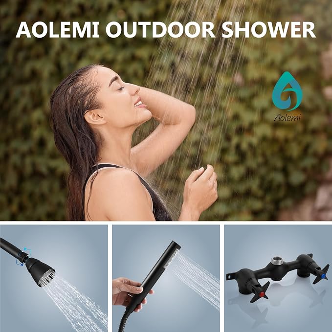 Aolemi Outdoor Shower Kit with Handheld,Round Rain Shower,Matte Black | 2-Handle Hot and Cold Control, Adjustable Height, 6-Inch Center Valve, 59-Inch Hose, Winter Drainage Outdoor Shower Fixtures