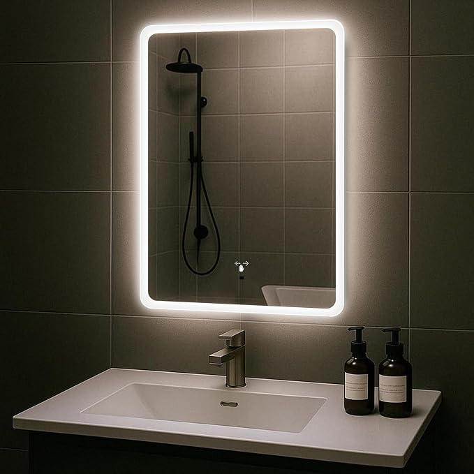 LED Bathroom Mirror, 20x28 in Vanity Mirrors with Backlit Lights for Shaving, Fogless Makeup Mirror Wall Mounted with Demister, Dimmable 3 Color Lighting, IP54, Hand Swipe, Vertically Only