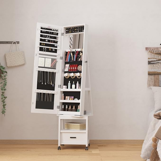 GAOMON 360° Swivel Jewelry Armoire, Floor Standing Locking with Full Length Mirror, Inside Makeup Mirror, Bottom Drawer, Rear Storage Shelves, Wheels, Cabinet with Large Storage Capacity, White