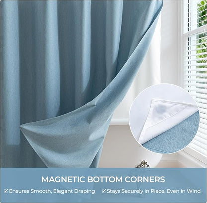 River Dream Linen Textured No Hooks Shower Curtain with Liner,Blue,71x74 | Mesh Top Window,with Snap-in Liner,Heavy Duty Fabric,Quick Dry,Bottom Magnets,Water-Repellent,Washable,Farmhouse Bathroom Set