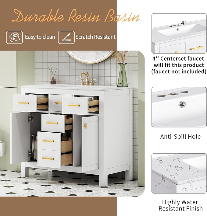 36 Inch White Bathroon Vanity with Sink,Modern Bathroom Sink Cabinet 36" with 4 Drawers & 2 Cabinets,Integrated Countertop,Gold Handles,Soft Closing,Solid Wood Frame