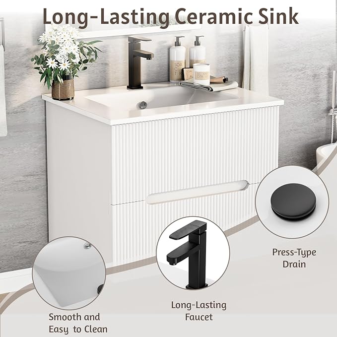 EROMMY 24 Inch Bathroom Vanity with Sink, Floating Bathroom Vanity with Ceramic Basin, Wall Mounted Bathroom Sink Cabinet Set with Soft-Close 2 Drawers, Faucet & Pop Up Drain, White