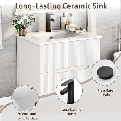EROMMY 24 Inch Bathroom Vanity with Sink, Floating Bathroom Vanity with Ceramic Basin, Wall Mounted Bathroom Sink Cabinet Set with Soft-Close 2 Drawers, Faucet & Pop Up Drain, White