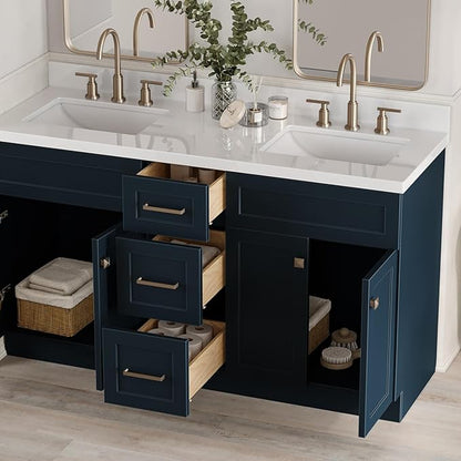 ARIEL Hamlet 60-inch Bathroom Vanity Base Cabinet,Solid Wood, 4 Soft Closing Doors, 3 Dovetail Drawers, Satin Brass, Midnight Blue