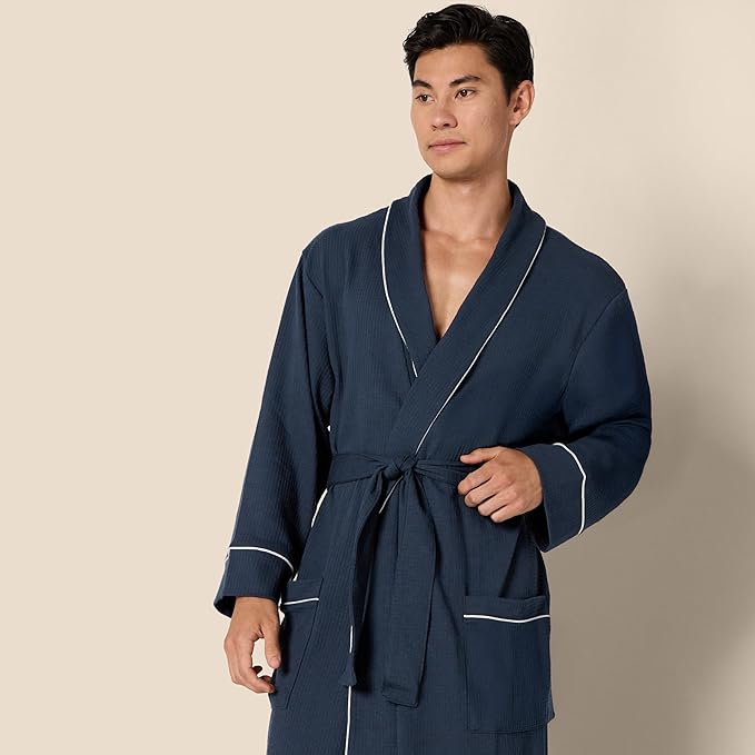 Amazon Essentials Men's Lightweight Cotton Waffle Bath Robe, Mid-Length Loungewear (Available in Big & Tall)