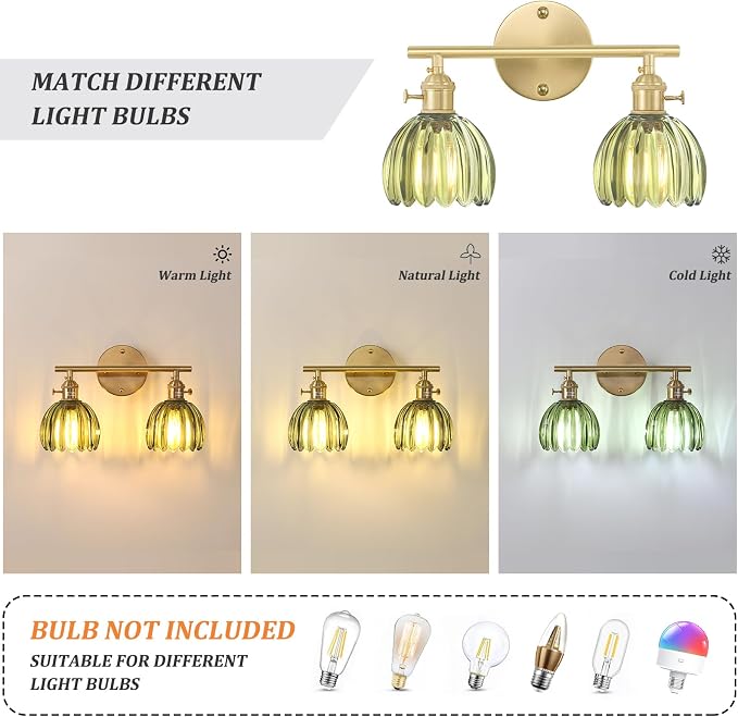 Shenmoyl Bathroom Light Fixtures, 2-Light Brass Vanity wall Light Over Mirror with Green Tulip Glass Shade for Bedroom Living Room (Bulb Not Included)