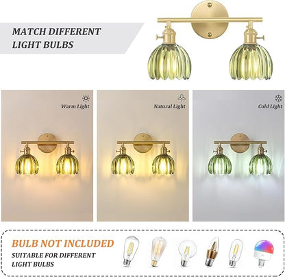 Shenmoyl Bathroom Light Fixtures, 2-Light Brass Vanity wall Light Over Mirror with Green Tulip Glass Shade for Bedroom Living Room (Bulb Not Included)