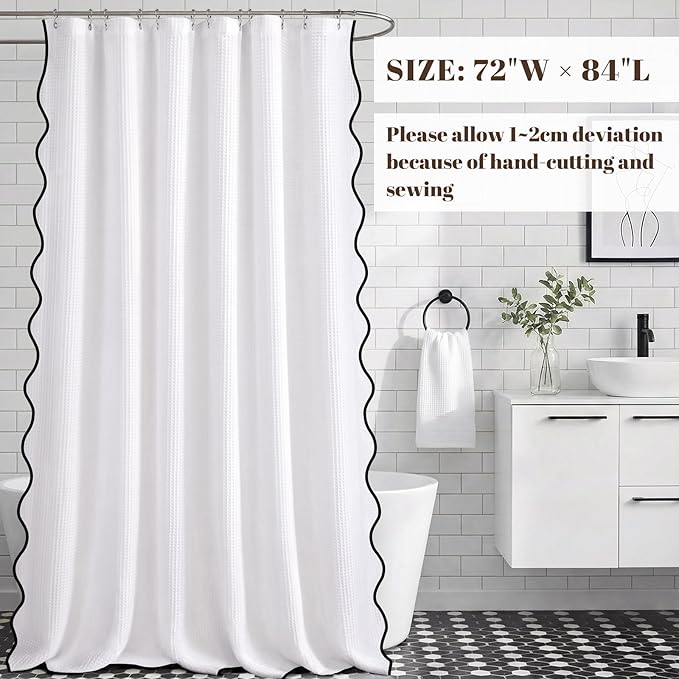 Extral Long Shower Curtains for Bathroom Waffle Scalloped Shower Curtain White Cotton 72''W × 84''L