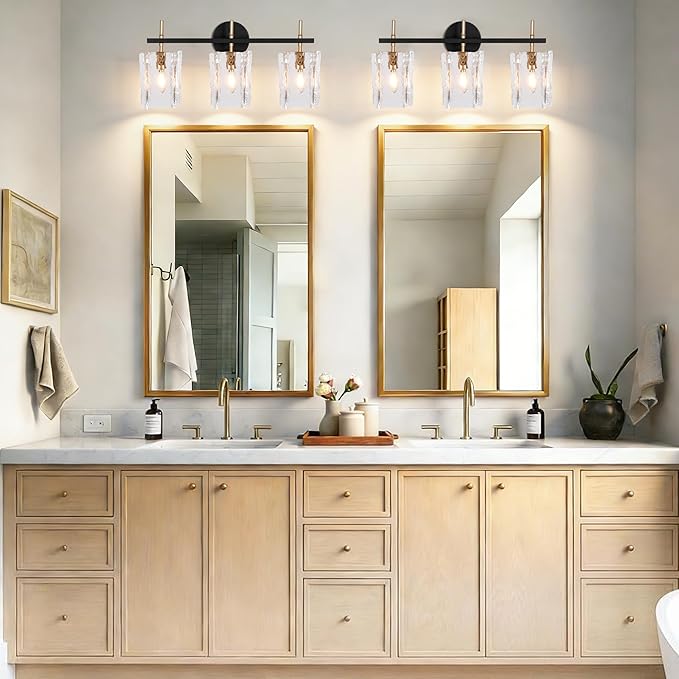 3-Light Bathroom Vanity Lights Over Mirror, Black and Gold Bathroom Light Fixture with Clear Glass Shade, Modern Bathroom Wall Sconce Lighting for Mirror, Living Room, Adjustable (E12)